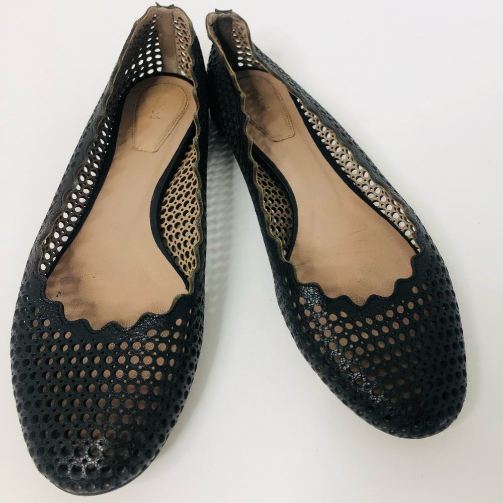 CHLOE Black Perforated Leather Lauren Scalloped Ballet Flats